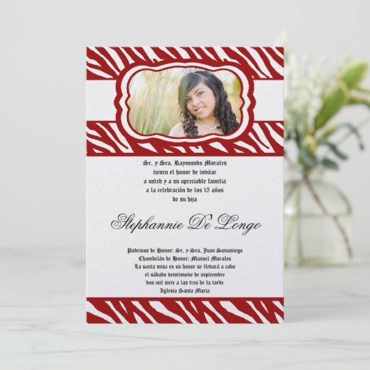 Invitation 5x7 Red Zebra Imprimer Patter Quinceanera Invitati (Debout devant)