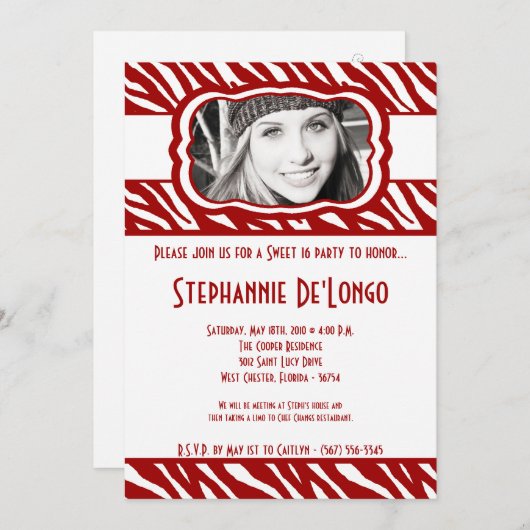 Invitation 5x7 Red Zebra PHOTO Sweet 16 Anniversaire Invitati (Devant / Derrière)