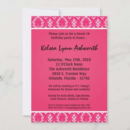 Invitation 5x7 Rose Damask Sweet 16 Anniversaire Fête Invitat (Devant)