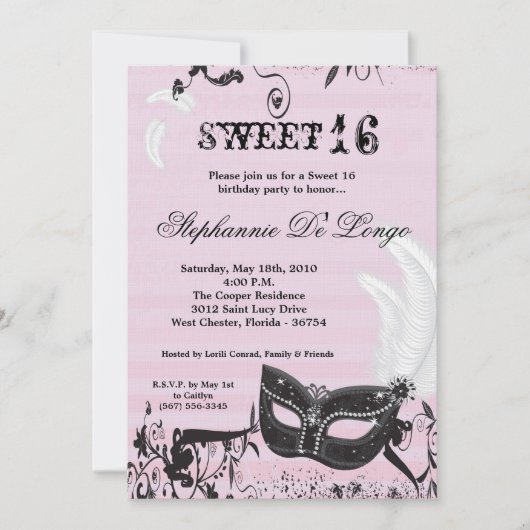 Invitation 5x7 Rose Masquerade Sweet 16 Anniversaire Invitati (Devant)