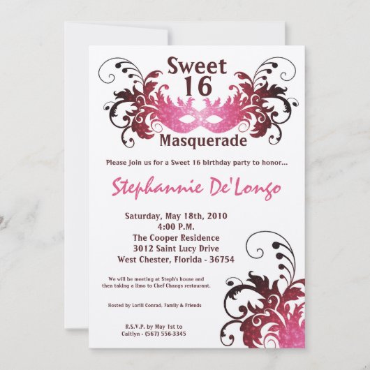 Invitation 5x7 Rose Masquerade Sweet 16 Anniversaire Invitati (Devant)
