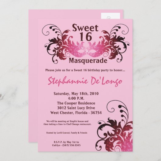 Invitation 5x7 Rose Masquerade Sweet 16 Anniversaire Invitati (Devant / Derrière)