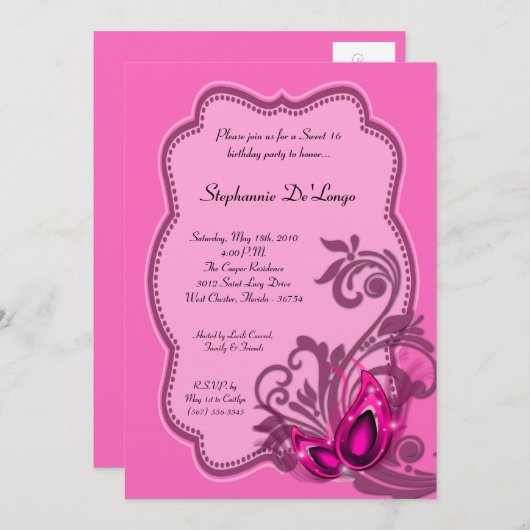 Invitation 5x7 Rose Masquerade Sweet 16 Anniversaire Invitati (Devant / Derrière)
