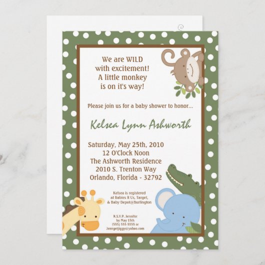 Invitation 5x7 Safari Jungle ZooInvitation Baby shower animal (Devant / Derrière)