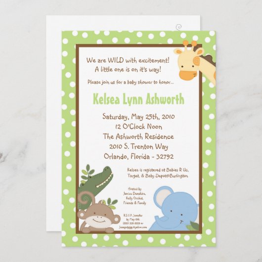 Invitation 5x7 Safari Jungle ZooInvitation Baby shower animal (Devant / Derrière)