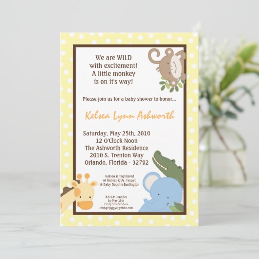 Invitation 5x7 Safari Jungle ZooInvitation Baby shower animal (Debout devant)