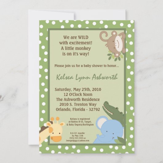 Invitation 5x7 Safari Jungle ZooInvitation Baby shower animal (Devant)