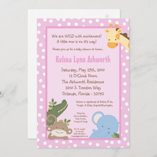 Invitation 5x7 Safari Jungle ZooInvitation Baby shower animal (Devant / Derrière)