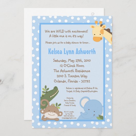 Invitation 5x7 Safari Jungle ZooInvitation Baby shower animal (Devant / Derrière)