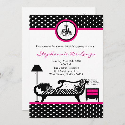 Invitation 5x7 Sassy Mobilier Sweet 16 Anniversaire Invitatio (Devant / Derrière)