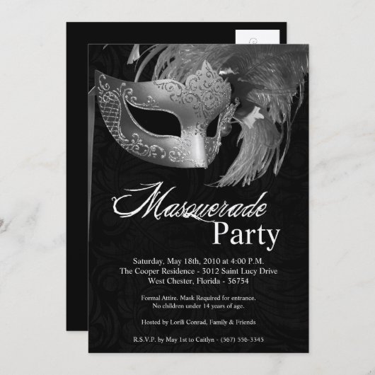 Invitation 5x7 Silver Masquerade Sweet 16 Anniversaire Invita (Devant / Derrière)