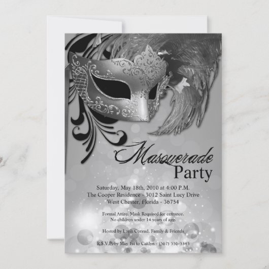 Invitation 5x7 Silver Masquerade Sweet 16 Anniversaire Invita (Devant)