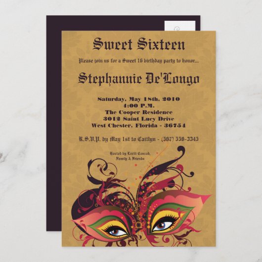 Invitation 5x7 Tan Masquerade Sweet 16 Anniversaire Invitatio (Devant / Derrière)