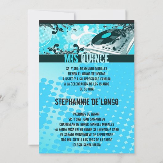 Invitation 5x7 Tourne-disque DJ Turquoise Quinceanera Invitat (Devant)
