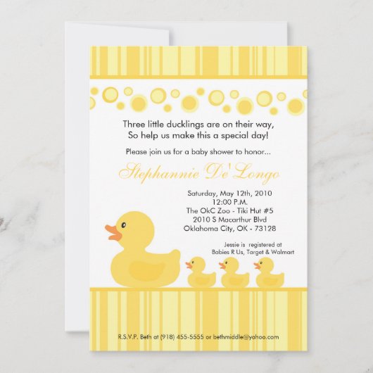 Invitation 5x7 TRIPLETS Baby shower de canards en caoutchouc (Devant)