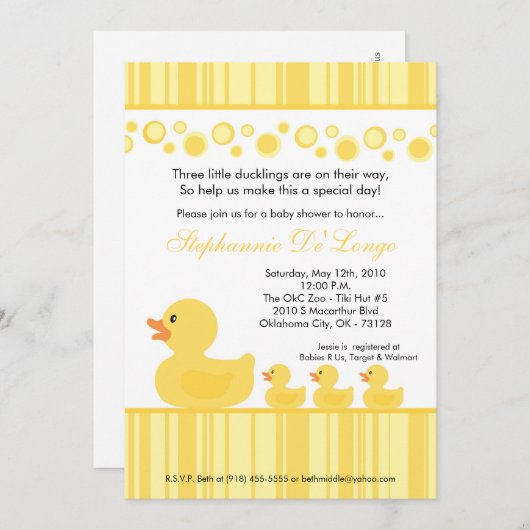 Invitation 5x7 TRIPLETS Baby shower de canards en caoutchouc (Devant / Derrière)