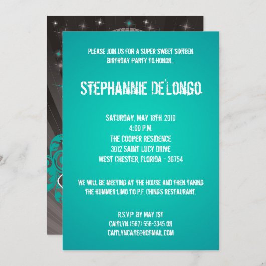 Invitation 5x7 Turquoise DJ Spin Tourne-disque 16 Anniversair (Devant / Derrière)