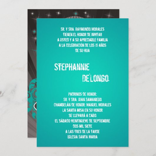 Invitation 5x7 Turquoise DJ Spin Tourne-disque Quinceanera In (Devant / Derrière)