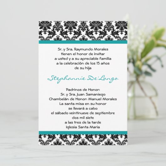 Invitation 5x7 Turquoise Turquoise Damask Quinceanera Invitat (Debout devant)