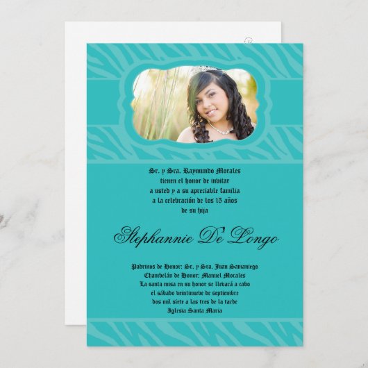 Invitation 5x7 Turquoise Zebra Imprimante Patter Quinceanera  (Devant / Derrière)