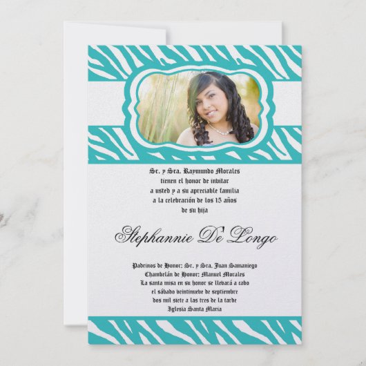 Invitation 5x7 Turquoise Zebra Imprimer Patter Quinceanera In (Devant)