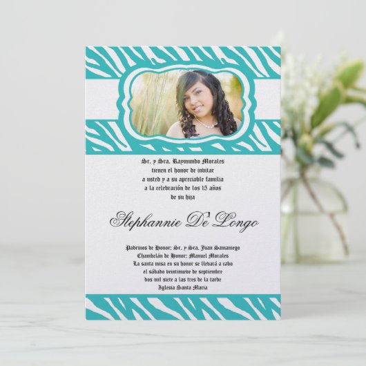 Invitation 5x7 Turquoise Zebra Imprimer Patter Quinceanera In (Debout devant)