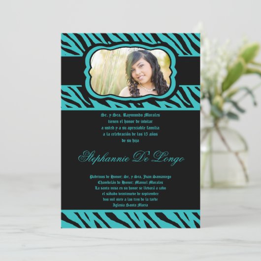 Invitation 5x7 Turquoise Zebra Imprimer Quinceanera Invitatio (Debout devant)