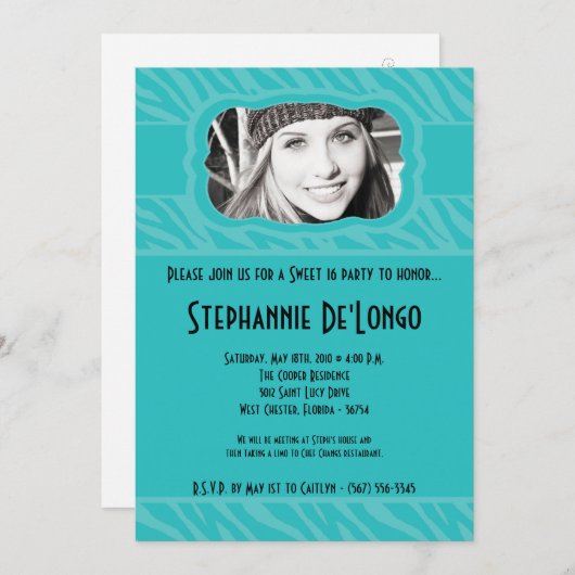 Invitation 5x7 Turquoise Zebra PHOTO Sweet 16 Anniversaire In (Devant / Derrière)