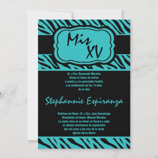Invitation 5x7 Turquoise Zèbre Imprimer Quinceanera 15 Invita (Devant)