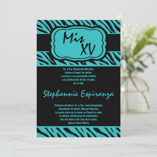 Invitation 5x7 Turquoise Zèbre Imprimer Quinceanera 15 Invita (Debout devant)