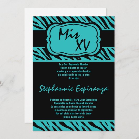 Invitation 5x7 Turquoise Zèbre Imprimer Quinceanera 15 Invita (Devant / Derrière)
