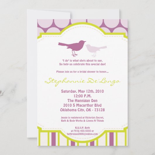Invitation 5x7 Violet Oiseau Poka Dot Nuptiale Douche Invitat (Devant)