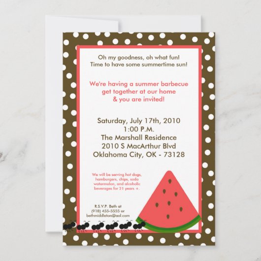 Invitation 5x7 Watermelon Summer Pique-nique Barbecue Invitat (Devant)