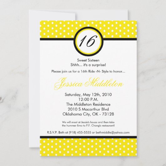 Invitation 5x7 Yello White Polka Dot 16e anniversaire Invitat (Devant)