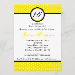 Invitation 5x7 Yello White Polka Dot 16e anniversaire Invitat