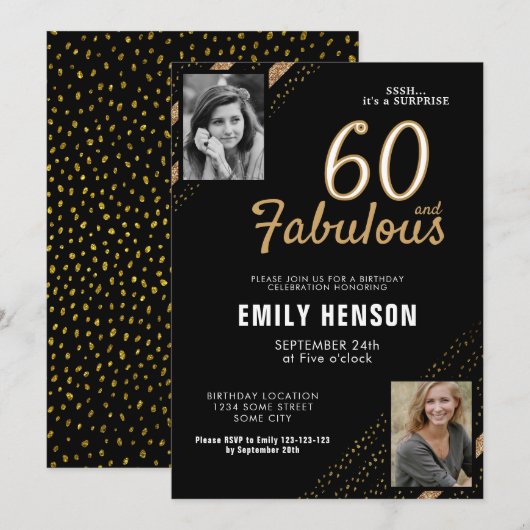 Invitation 60 and Fabulous Gold Glitter 2 Photo 60th Birthday (Devant / Derrière)