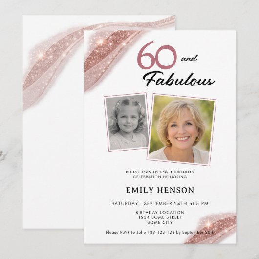 Invitation 60 and Fabulous Rose Gold 2 Photo Birthday (Devant / Derrière)