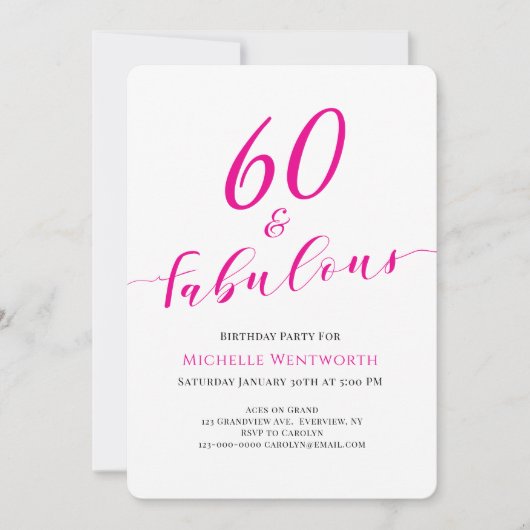 Invitation 60 and Fabulous Sixtieth Birthday Hot Pink Script (Devant)