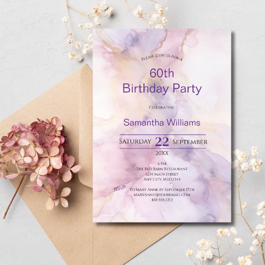 Invitation 60 ans aquarelle or rose violet