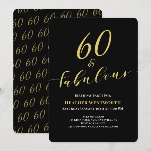 Invitation 60 ans et fabuleux 60e anniversaire or noir script (Devant / Derrière)