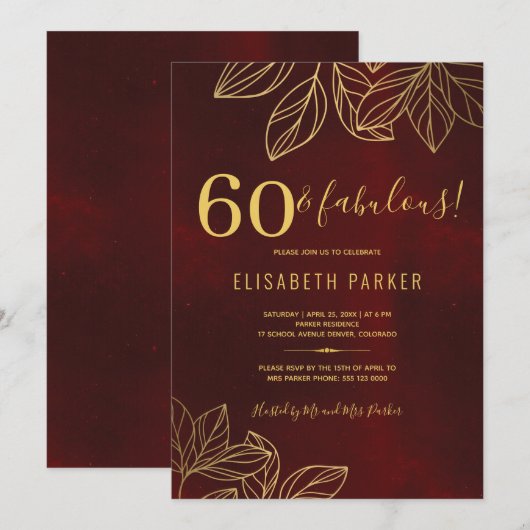 Invitation 60 ans et fabuleux fête d'anniversaire élégante en (Devant / Derrière)