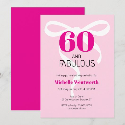 Invitation 60 ans et Fabuleux Ruban Fun Rose Chaud 60e Annive (Devant / Derrière)