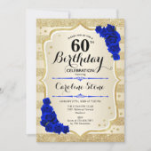 Invitation 60 ans Fleurs de roses bleues royales rayures doré (Devant)