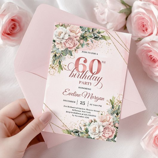 Invitation 60 ans Fleurs de verdure aquarelle Rose