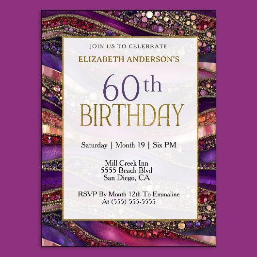 Invitation 60 ans Strata Or Violet Moderne Bijou