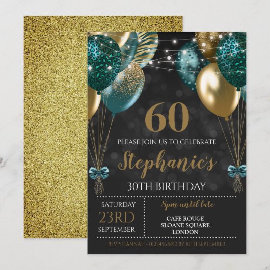 Invitation 60 ans Turquoise Or (Devant / Derrière)