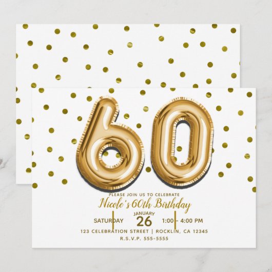 Invitation 60 Ballons Dorés et Confettis Fête d'anniversaire (Devant / Derrière)