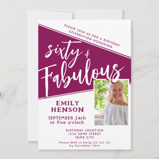 Invitation 60 et fabuleux Script Magenta Photo 60e anniversai (Devant)
