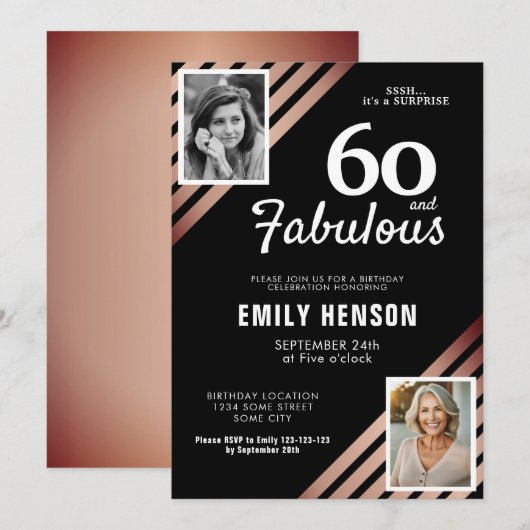 Invitation 60 et Fabulous Gold Rose 2 Photo Anniversaire (Devant / Derrière)