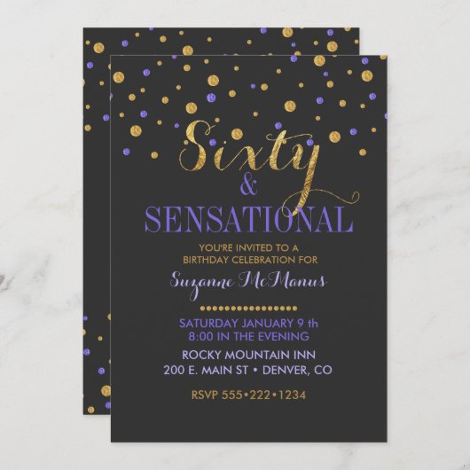 Invitation 60 et points de confetti mauve et or sensationnels (Devant / Derrière)